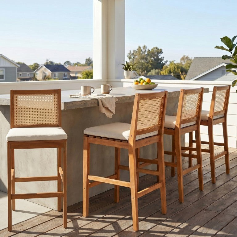 English Elm Kirkby Outdoor Acacia Barstools with Wicker Backs and Cushions Resort Patio Set of 4 N775P410609T-S4