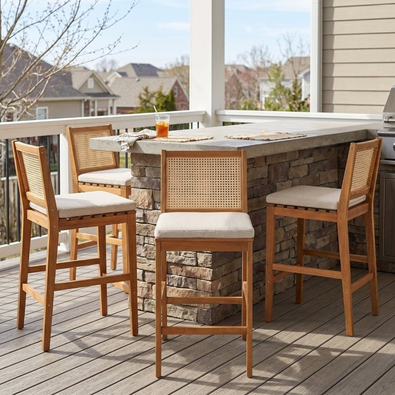 English Elm Kirkby Outdoor Acacia Barstools with Wicker Backs and Cushions Resort Patio Set of 4 N775P410609T-S4