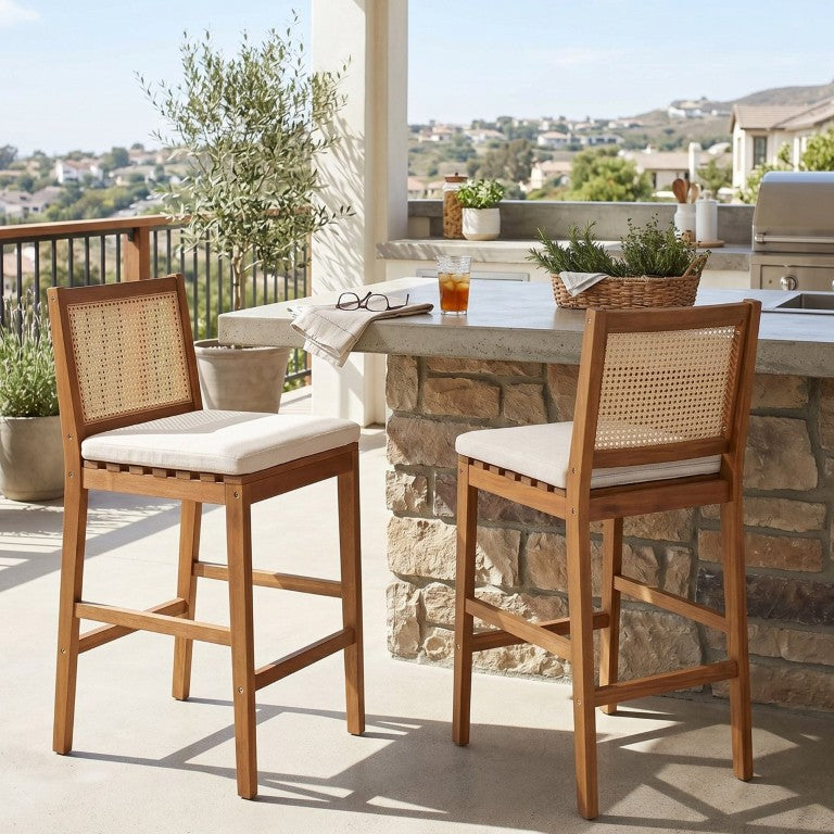 English Elm Kirkby Outdoor Acacia Wood Rattan Barstools with Cushions Resort Patio Set of 2 N775P410609T
