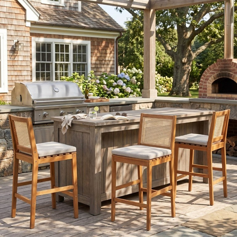 English Elm Kirkby Outdoor Acacia Wood Rattan Barstools with Cushions Resort Patio Set of 2 N775P410609T