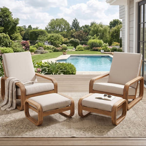 English Elm Briar Acacia Wood Outdoor Lounge Chair with Ottoman Mid-Century Curved Patio Set Set of 2 N775P412673L-2_N775P531995L-2