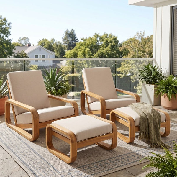 English Elm Briar Acacia Wood Outdoor Lounge Chair with Ottoman Mid-Century Curved Patio Set Set of 2 N775P412673L-2_N775P531995L-2