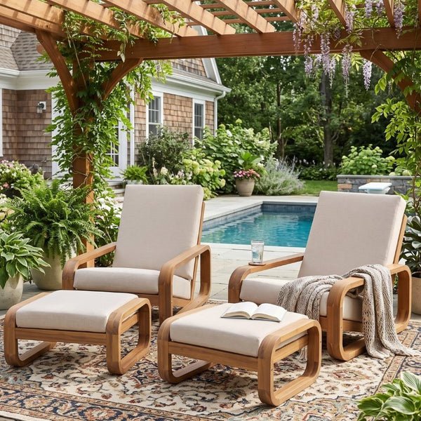 English Elm Briar Acacia Wood Outdoor Lounge Chair with Ottoman Mid-Century Curved Patio Set Set of 2 N775P412673L-2_N775P531995L-2
