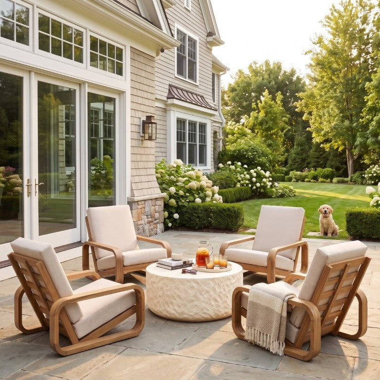 English Elm Briar Acacia Wood Outdoor Lounge Set with Stone Round Table and Beige Cushions N775P412673L-4_N775P508261C