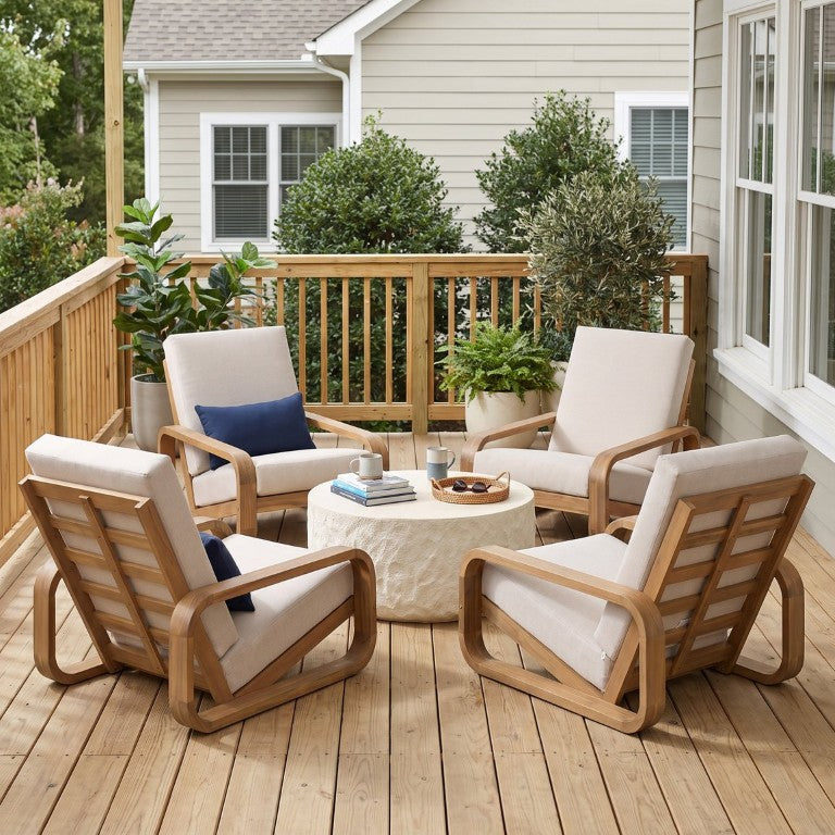 English Elm Briar Acacia Wood Outdoor Lounge Set with Stone Round Table and Beige Cushions N775P412673L-4_N775P508261C