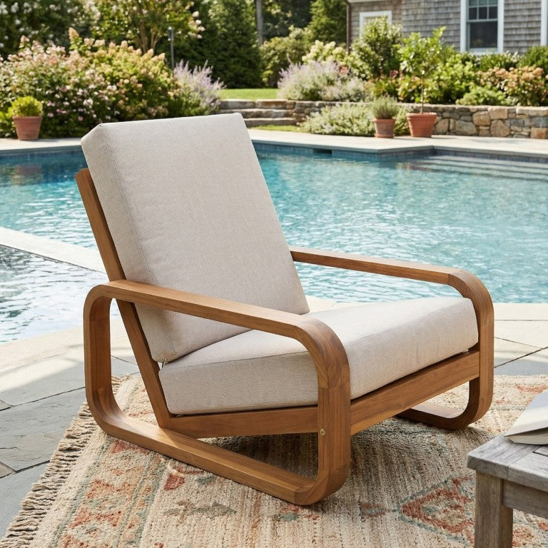English Elm Briar Acacia Wood Outdoor Lounge Chair with Curved Arms and Padded Beige Cushion Set of 1 N775P412673L
