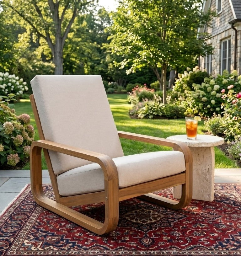 English Elm Briar Acacia Wood Outdoor Lounge Chair with Curved Arms and Padded Beige Cushion Set of 1 N775P412673L