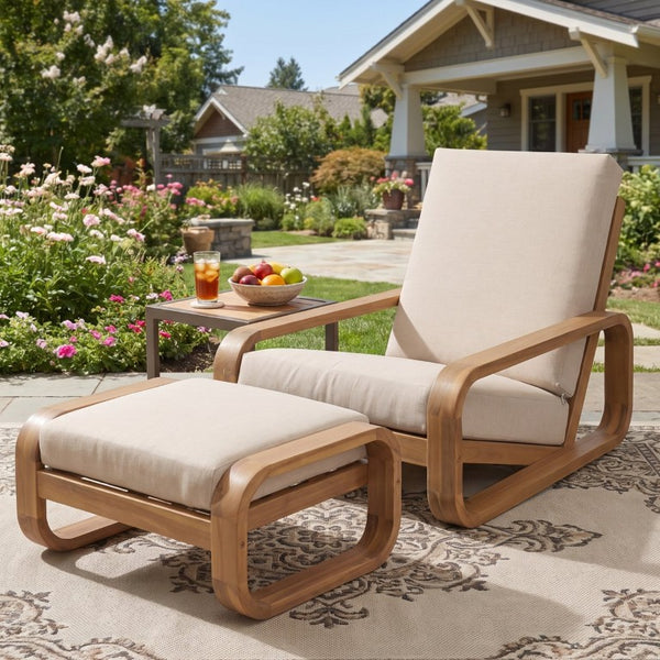English Elm Briar Acacia Wood Outdoor Lounge Chair with Ottoman Mid-Century Curved Patio Set Set of 1 N775P412673L_N775P531995L