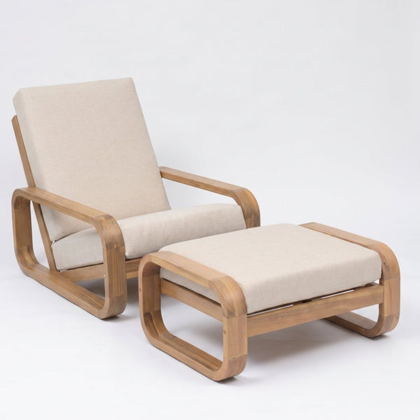 English Elm Briar Acacia Wood Outdoor Lounge Chair with Ottoman Mid-Century Curved Patio Set Set of 1 N775P412673L_N775P531995L
