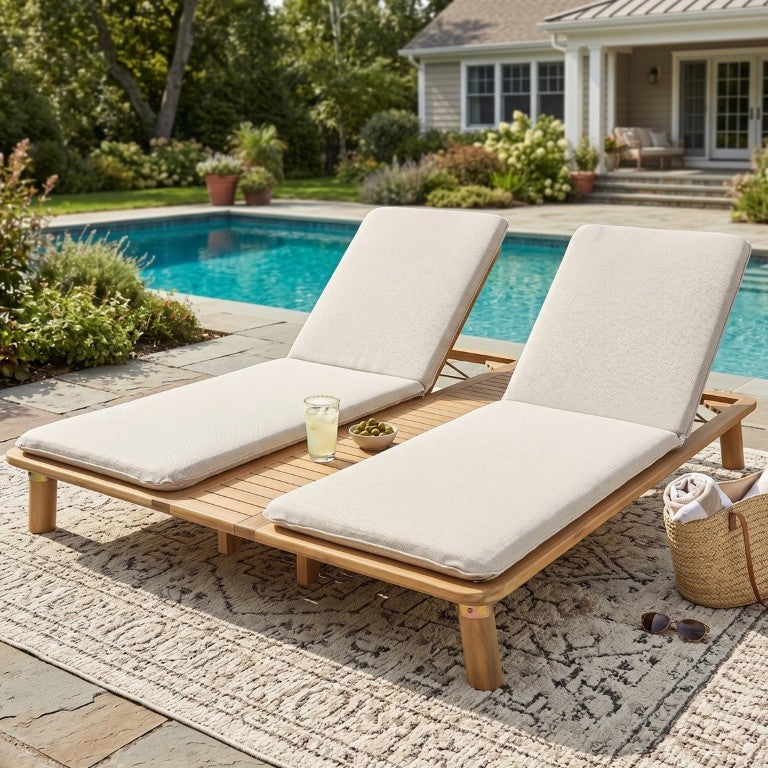 English Elm Tibbo Acacia Wood Outdoor Double Chaise Lounge with Built-In Side Table for Patios N775P439622G