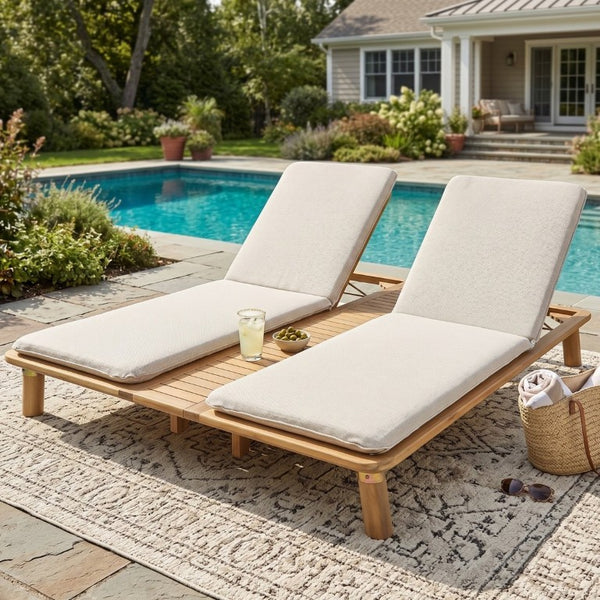 English Elm Tibbo Acacia Wood Outdoor Double Chaise Lounge with Built-In Side Table for Patios N775P439622G