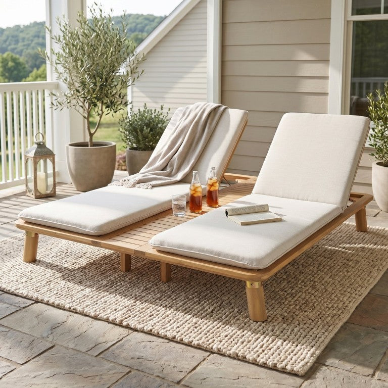 English Elm Tibbo Acacia Wood Outdoor Double Chaise Lounge with Built-In Side Table for Patios N775P439622G