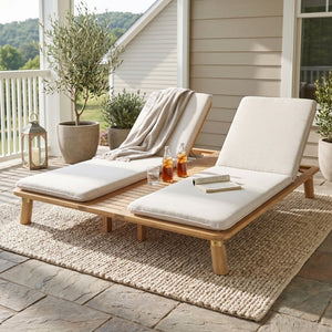 English Elm Tibbo Acacia Wood Outdoor Double Chaise Lounge with Built-In Side Table for Patios N775P439622G