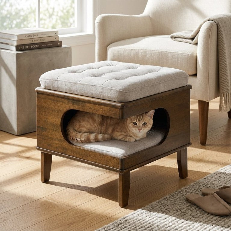 English Elm Letitia Rubberwood Tufted Cat Cave Ottoman Footstool with Walnut Finish Living Room N775P450586B