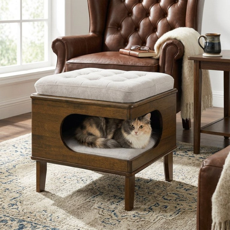 English Elm Letitia Rubberwood Tufted Cat Cave Ottoman Footstool with Walnut Finish Living Room N775P450586B