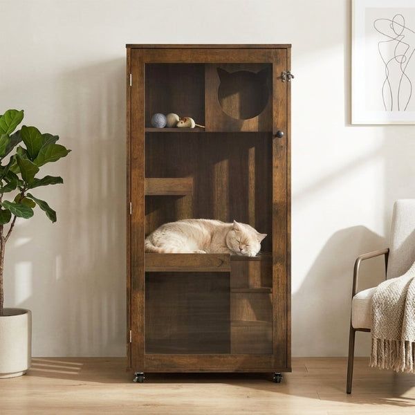 English Elm Basia Solid Rubberwood Cat Cabinet with Lockable Door Multi-Level Perches Oak Finish N775P450587B