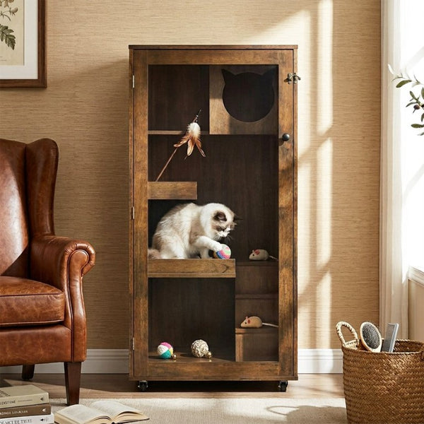 English Elm Basia Solid Rubberwood Cat Cabinet with Lockable Door Multi-Level Perches Oak Finish N775P450587B