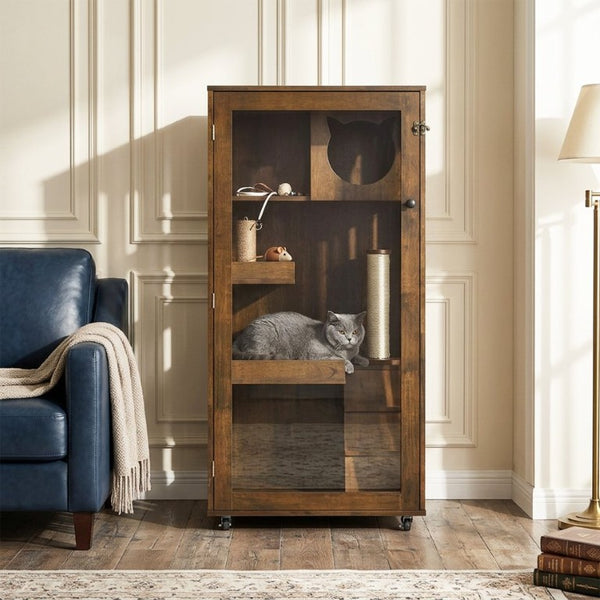 English Elm Basia Solid Rubberwood Cat Cabinet with Lockable Door Multi-Level Perches Oak Finish N775P450587B