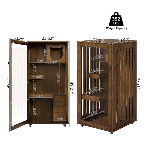English Elm Basia Solid Rubberwood Cat Cabinet with Lockable Door Multi-Level Perches Oak Finish N775P450587B