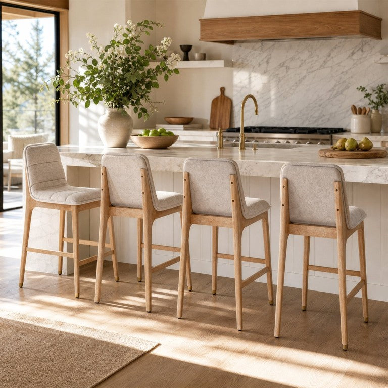 English Elm Clyde Mid-Century Tufted Rubberwood Counter Stools with Beige Fabric Set of Four N775P458331N-S4