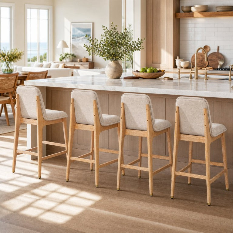 English Elm Clyde Mid-Century Tufted Rubberwood Counter Stools with Beige Fabric Set of Four N775P458331N-S4