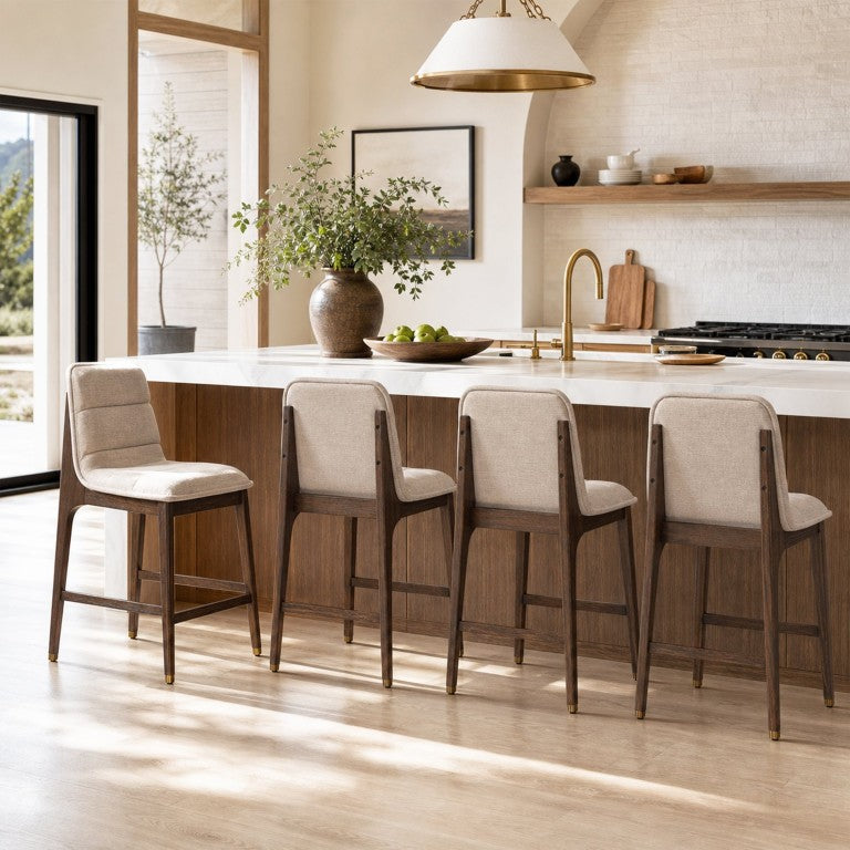 English Elm Alaya Rubberwood Counter Stools with Linen Cushioned Back and Solid Arm Support Clyde Mid-Century Armless Walnut Set of 4 N775P458331W-S4