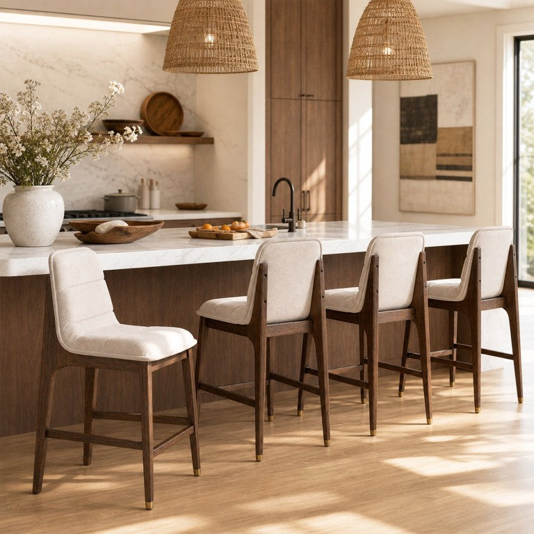 English Elm Alaya Rubberwood Counter Stools with Linen Cushioned Back and Solid Arm Support Clyde Mid-Century Armless Walnut Set of 4 N775P458331W-S4