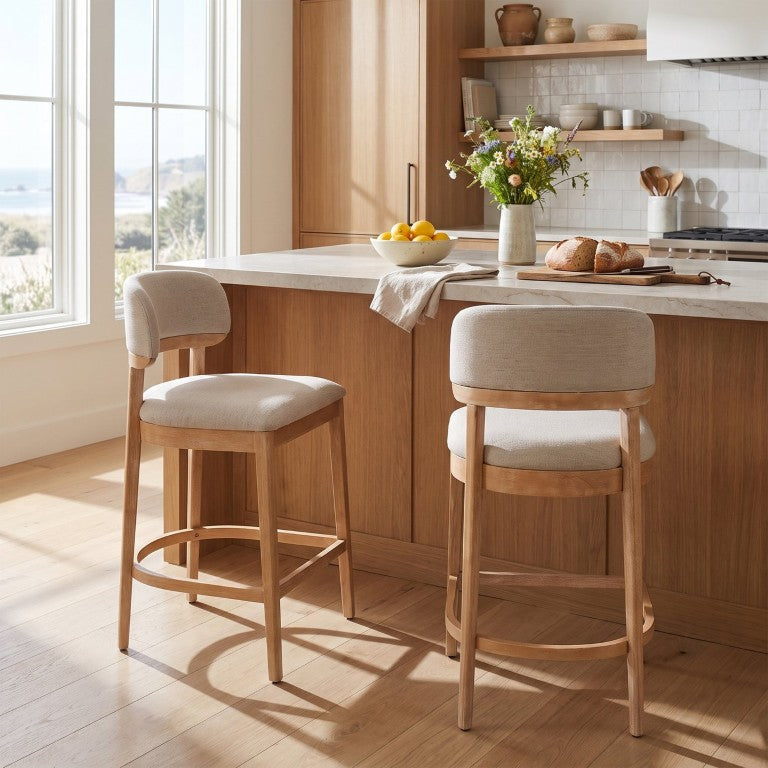English Elm Eleanor Mid-Century Rubberwood Counterstools with Wraparound Upholstered Back for Kitchen Bars Natural Set of 2 N775P458334N
