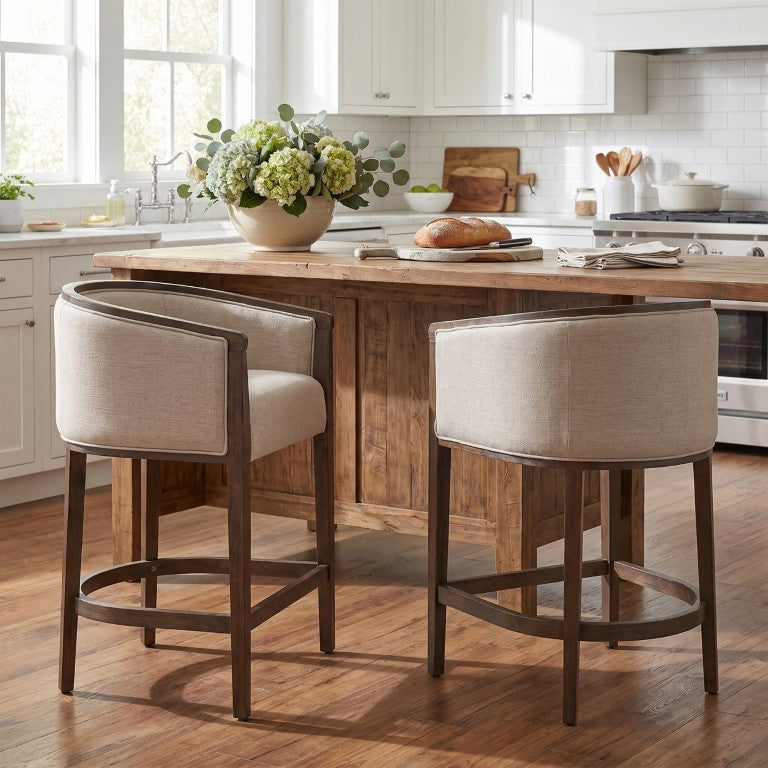 English Elm Annora Rubberwood Barrel Back Counter Stools Beige Cushioned Seats for Kitchen Islands Walnut Set of 2 N775P458337W