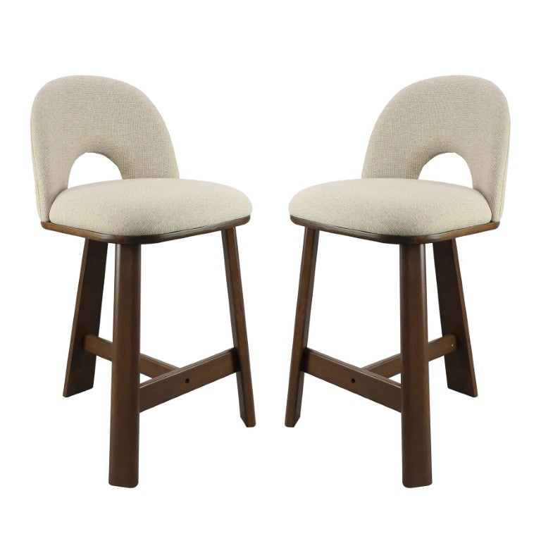 English Elm Bertha Mid-Century Rubberwood Counter Stools with Arch Back and Beige Upholstery Set Beige/Walnut N775P460586B