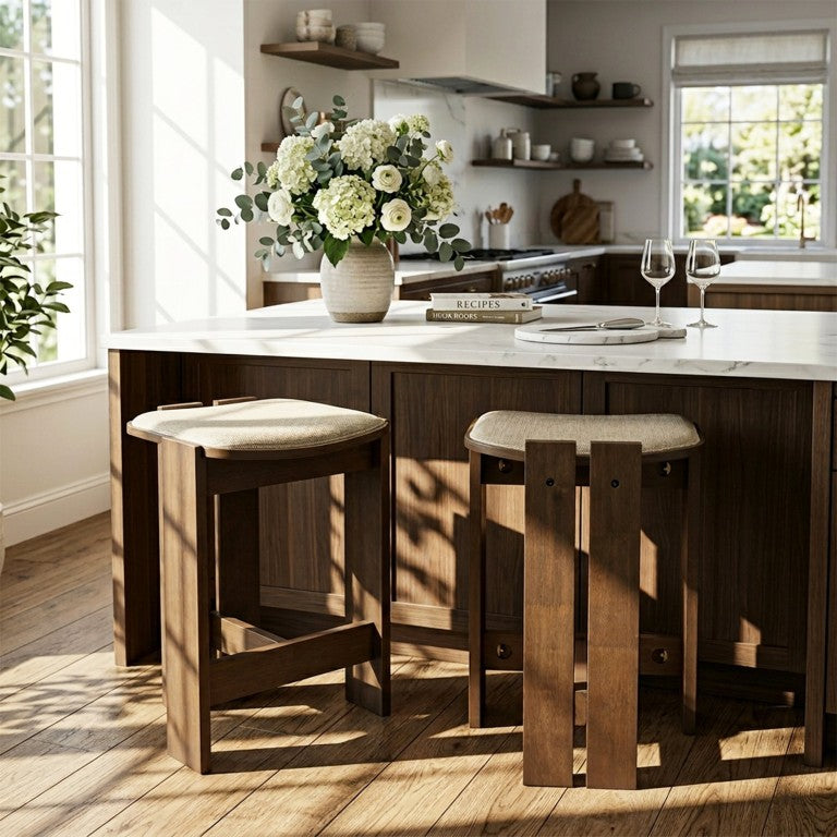 English Elm Frederica Solid Rubberwood Backless Counter Stools Walnut Farmhouse Set of 2 N775P460761B