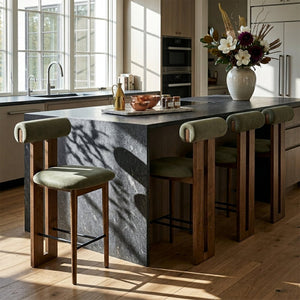 English Elm Renee Split-Back Velvet Counter Stools Set of 4 with Solid Rubberwood Frame Dark Walnut, Green N775P460969G-S4