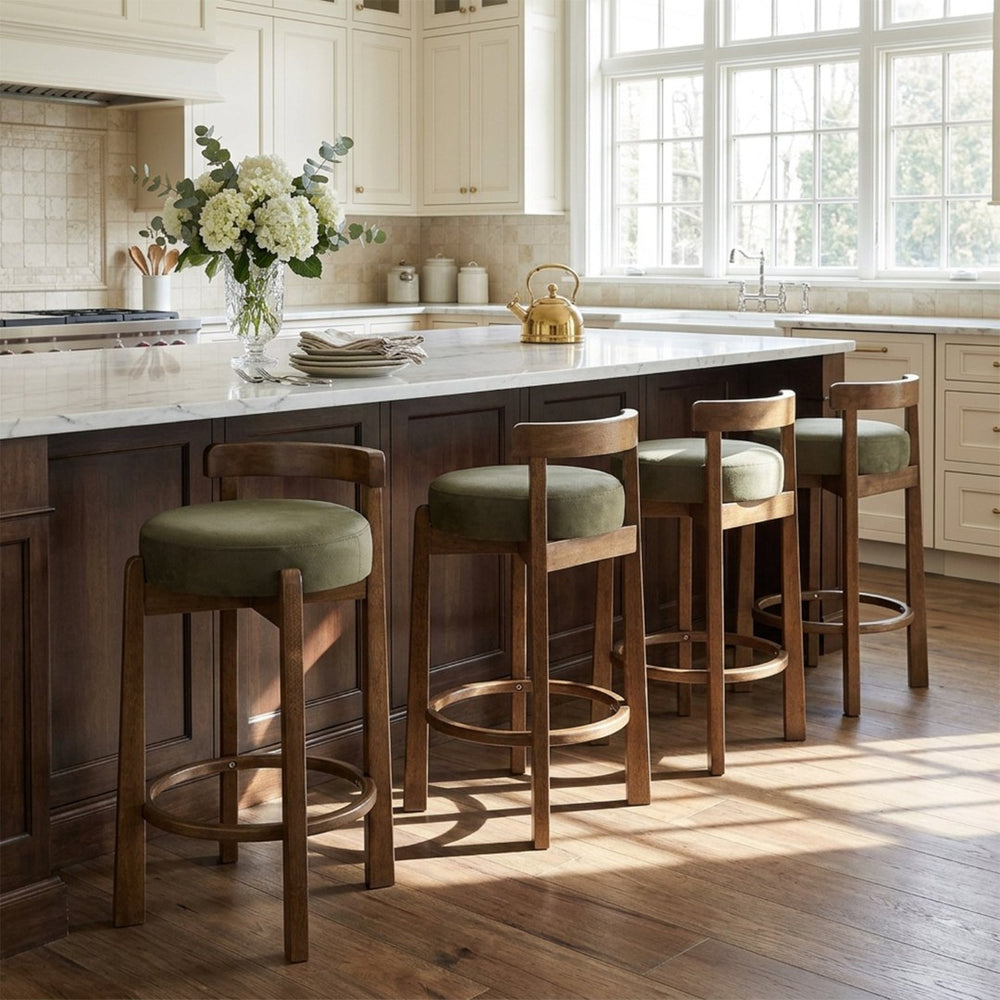 English Elm Elise Mid-Century Rubberwood Counter Stools with Velvet Seats and Ring Footrest Set of 4 N775P460974G-S4