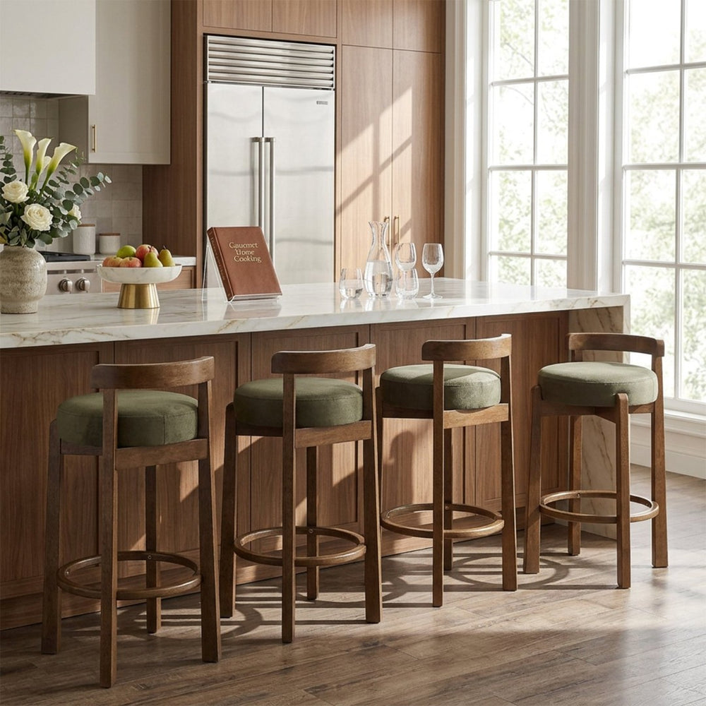 English Elm Elise Mid-Century Rubberwood Counter Stools with Velvet Seats and Ring Footrest Set of 4 N775P460974G-S4