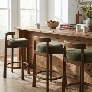 English Elm Elise Mid-Century Rubberwood Counter Stools with Velvet Seats and Ring Footrest Set of 4 N775P460974G-S4