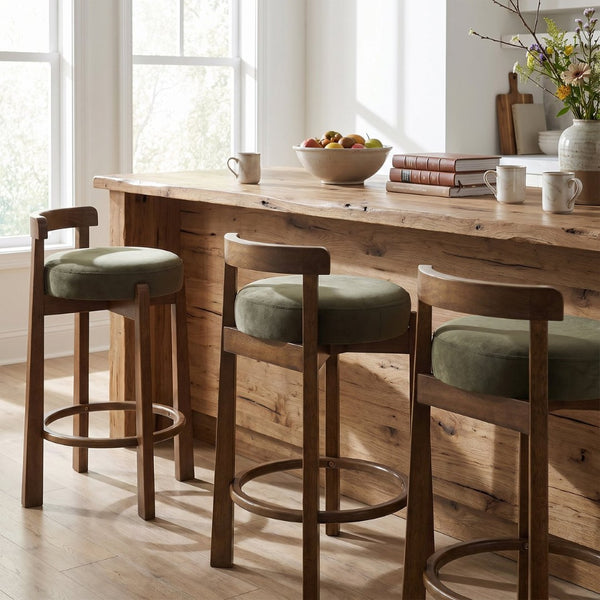 English Elm Elise Mid-Century Rubberwood Counter Stools with Velvet Seats and Ring Footrest Set of 4 N775P460974G-S4
