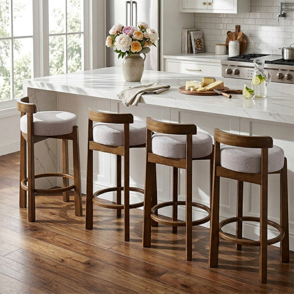 English Elm Elise Rubberwood Counter Stools Set of 4 with Ring Footrest and Linen Cushioned Seats N775P460974I-S4
