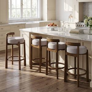English Elm Elise Rubberwood Counter Stools Set of 4 with Ring Footrest and Linen Cushioned Seats N775P460974I-S4