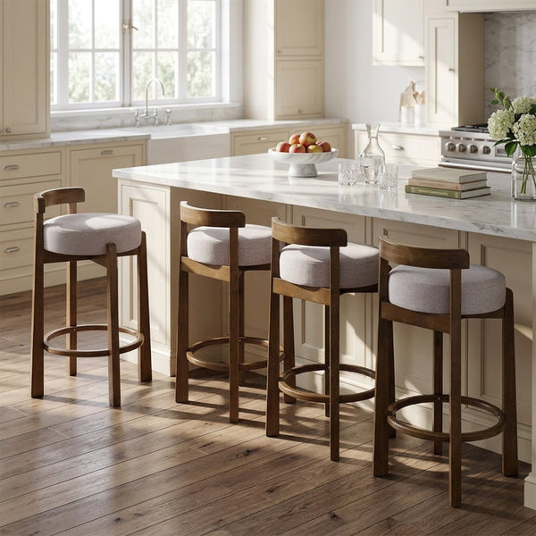 English Elm Elise Rubberwood Counter Stools Set of 4 with Ring Footrest and Linen Cushioned Seats N775P460974I-S4
