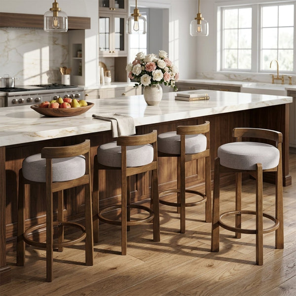 English Elm Elise Rubberwood Counter Stools Set of 4 with Ring Footrest and Linen Cushioned Seats N775P460974I-S4