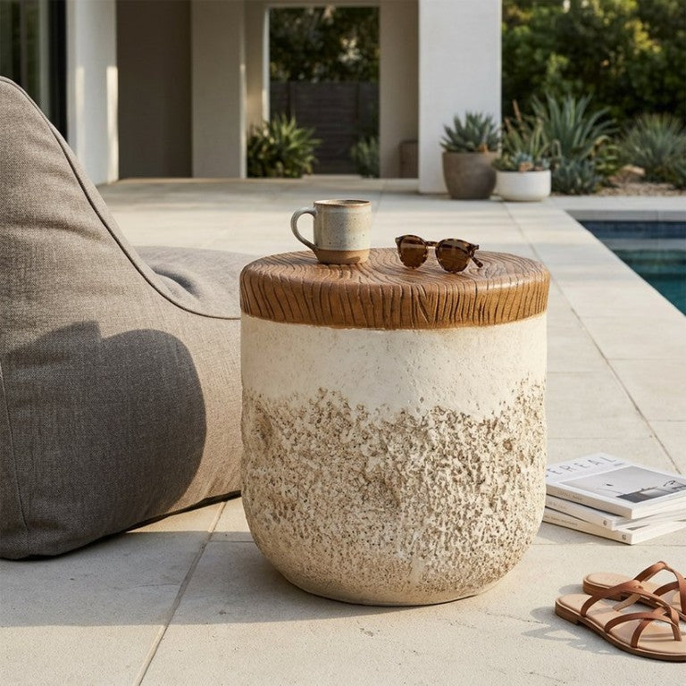 English Elm Verna Outdoor MGO Round Side Table Sculptural Coral Texture Faux Wood Top N775P461017B