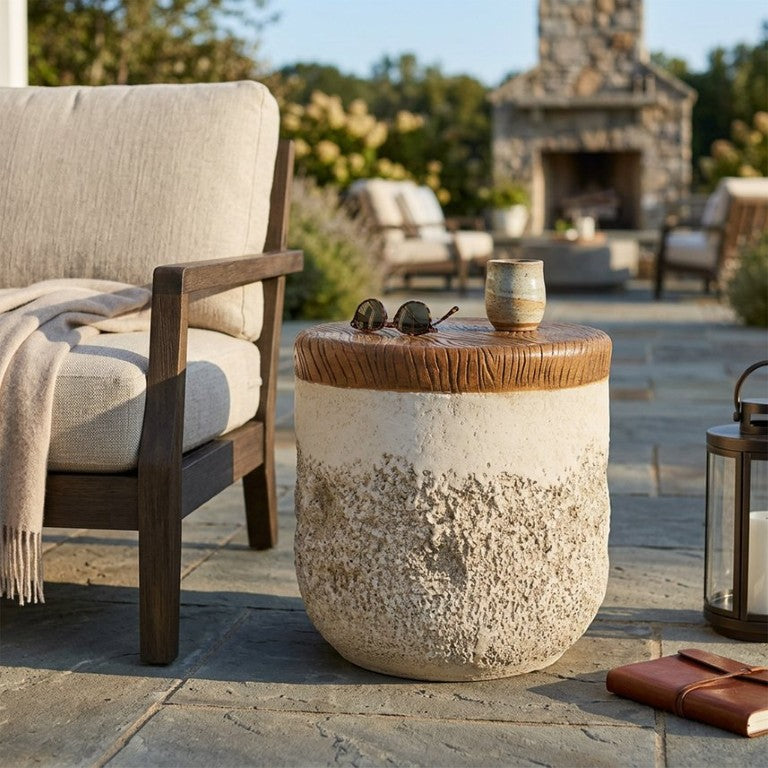 English Elm Verna Outdoor MGO Round Side Table Sculptural Coral Texture Faux Wood Top N775P461017B