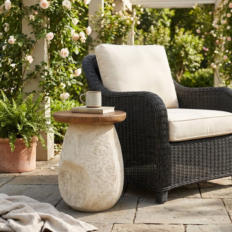 English Elm Nerissa Outdoor MGO Side Table Sculptural Pear Base with Faux Wood Grain Top N775P461023B