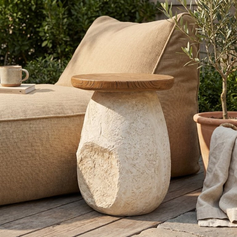 English Elm Nerissa Outdoor MGO Side Table Sculptural Pear Base with Faux Wood Grain Top N775P461023B