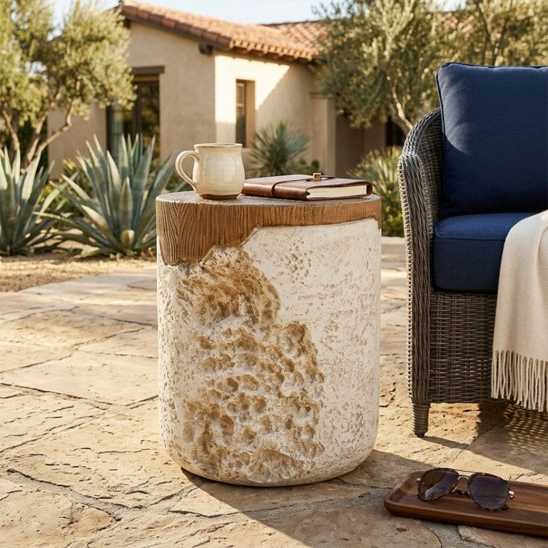 English Elm Elsie Outdoor MGO Round Side Table Weatherproof Artisan Textured Base Wood Top N775P461027B