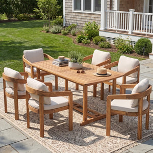 English Elm Bayside Acacia Wood Outdoor Dining Set Seven Piece Teak Patio Table with Six Armchairs N775P469247T-6_N775P469251T