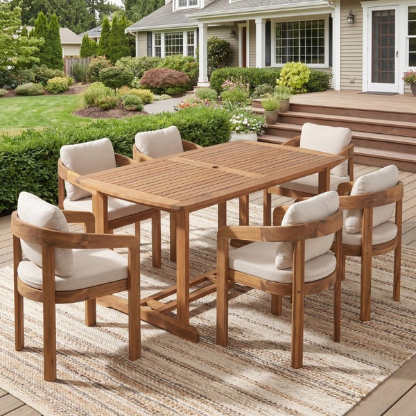 English Elm Bayside Acacia Wood Outdoor Dining Set Seven Piece Teak Patio Table with Six Armchairs N775P469247T-6_N775P469251T