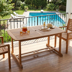 English Elm Bayside Solid Acacia Outdoor Dining Table Teak Finish Slatted Top with Umbrella Hole N775P469251T