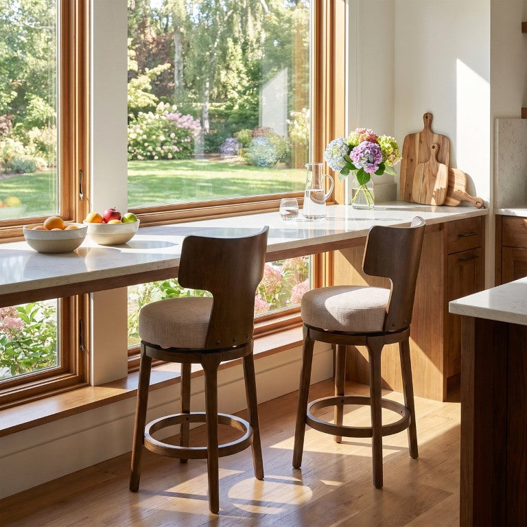 English Elm Alyssa Mid-Century Walnut Rubberwood Counter Stools with Swivel Beige Linen Set of 2 N775P476504B