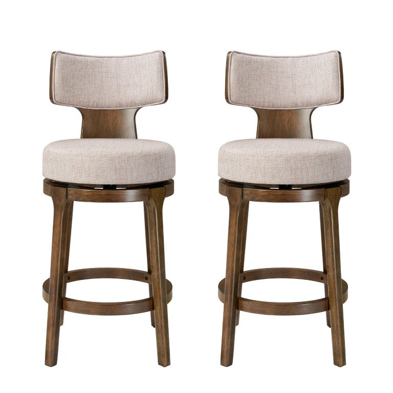 English Elm Alyssa Mid-Century Walnut Rubberwood Counter Stools with Swivel Beige Linen Set of 2 N775P476504B